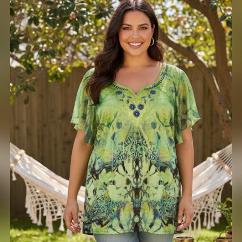 ONE WORLD Green Blouse with Elegant Design, Whimsy Boho Top, plus Size 3X